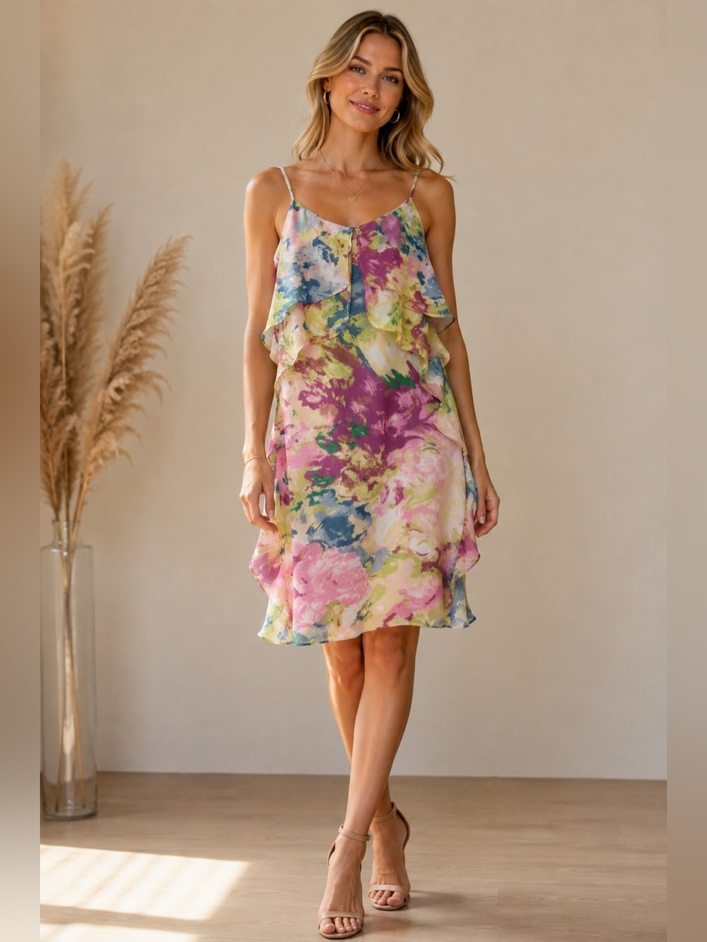 BCBG Maxazria Floral Watercolor Ruffle Slip Dress - Pink, Purple & Blue, M-NWT